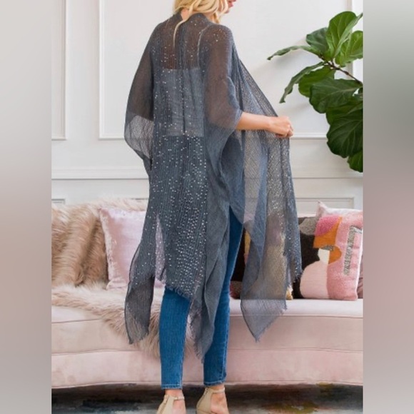RIAH FASHION Sz O/S Sheer Gauze Sequin Embellished Poncho Kimono NEW - Picture 2 of 14
